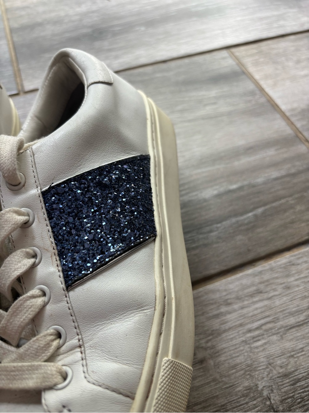 Tory Burch Classic white leather lace up sneakers with navy glitter side panels. - Picture 3 of 7